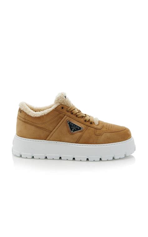 prada suede shearling platform sneakers|prada double wheel platform sneaker.